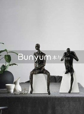 简约现代金属大理石底q座抽象人物摆件样板房间家居客厅软装饰品