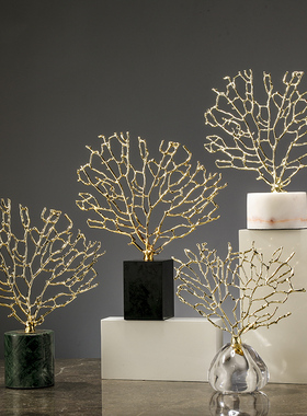 创意发财树轻奢高档摆件大理石北欧简F约玄关电视柜招财家居装饰