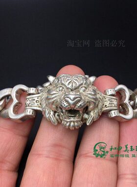 古玩老银藏银虎头手链男霸气本命银手链转运银饰礼物聚财虎虎生威