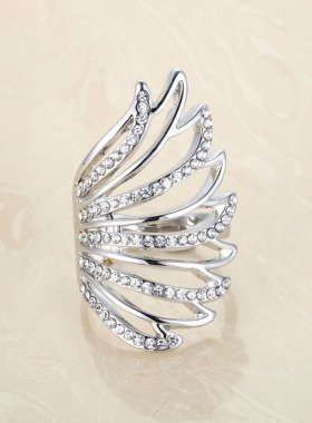 日韩时尚个性食h指戒指女满钻玫瑰金色翅膀羽毛镂空夸张指环开口