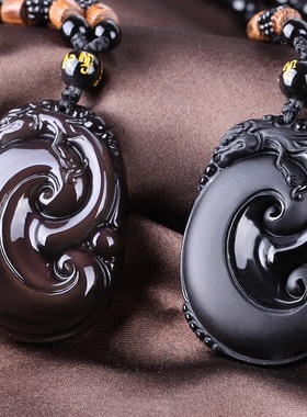 天然黑曜石如意龙貔n貅吊坠磨砂项坠如意男女情侣项链水晶饰品挂