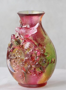 古法琉璃喜鹊花瓶摆件家用客厅插花佛前供奉用品水W晶花瓶高档奢