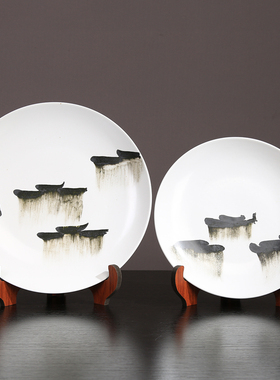 新中式创意水墨画陶瓷盘摆件客厅样板间玄K关桌面装饰摆设乔迁送