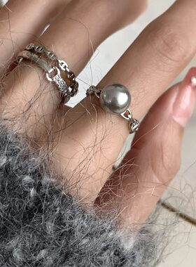 新款冷淡风时尚个性猪鼻子开口珍珠戒指精致食指可调节指环套戒