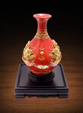 双龙玉壶春红花瓶 厦门漆线雕工艺品摆件生日乔迁开业祝寿礼物