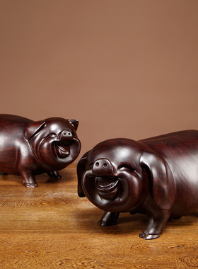 唐趣黑檀木雕对猪摆件实木十二生肖D情侣猪动物家居装饰红木工艺