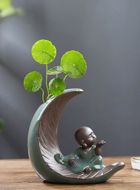 创意水培摆件禅意小和尚绿萝水培C花瓶陶瓷办公室客厅装饰插花摆