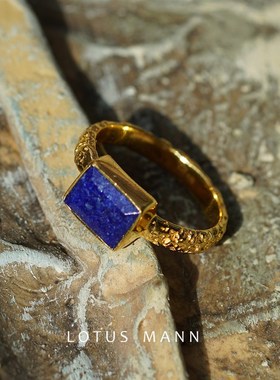 限量臻品 d粉玉髓青金石托帕石宝石复古手工纹理银镀厚金戒指