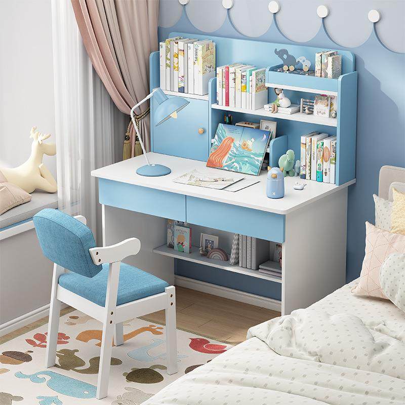 Children's desk bookshelf integrated table solid wood color student study table writing table girl bedroom computer table and chair set