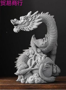 青石中式祥神龙盘珠飞饰龙在天玄龙关茶桌办沐帅贸易公室鱼缸造景