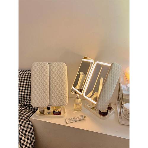 S壳双开门led化妆带灯纳盒一体镜台贝式桌面折434叠可调收节镜子 - 图0