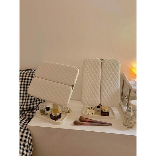 S壳双开门led化妆带灯纳盒一体镜台贝式桌面折434叠可调收节镜子 - 图2