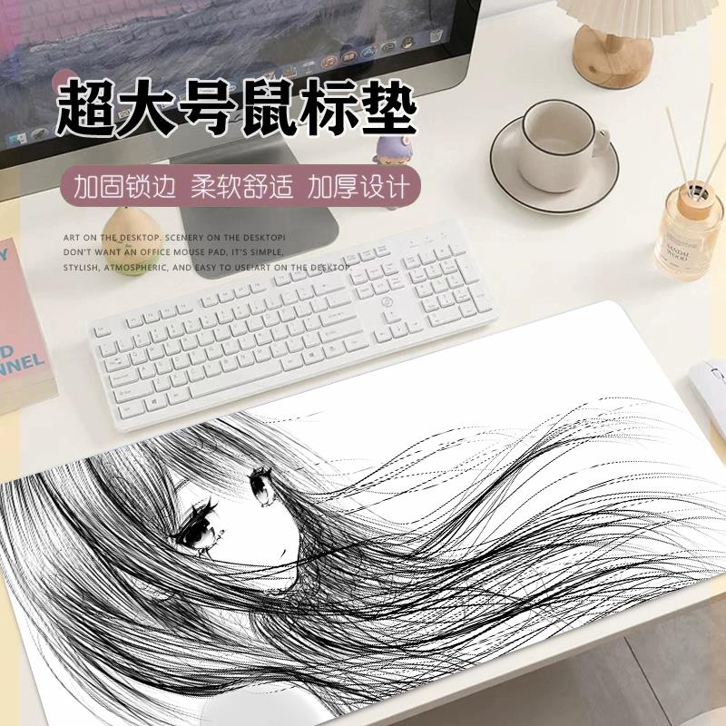 线稿风女孩超大号鼠标垫键盘垫男生电脑电竞游戏专用桌垫滑鼠垫 - 图0