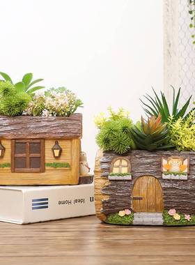 树创意乡村树桩小房花R7C0Y0子园艺院景观脂多肉盆阳台庭桌面花器