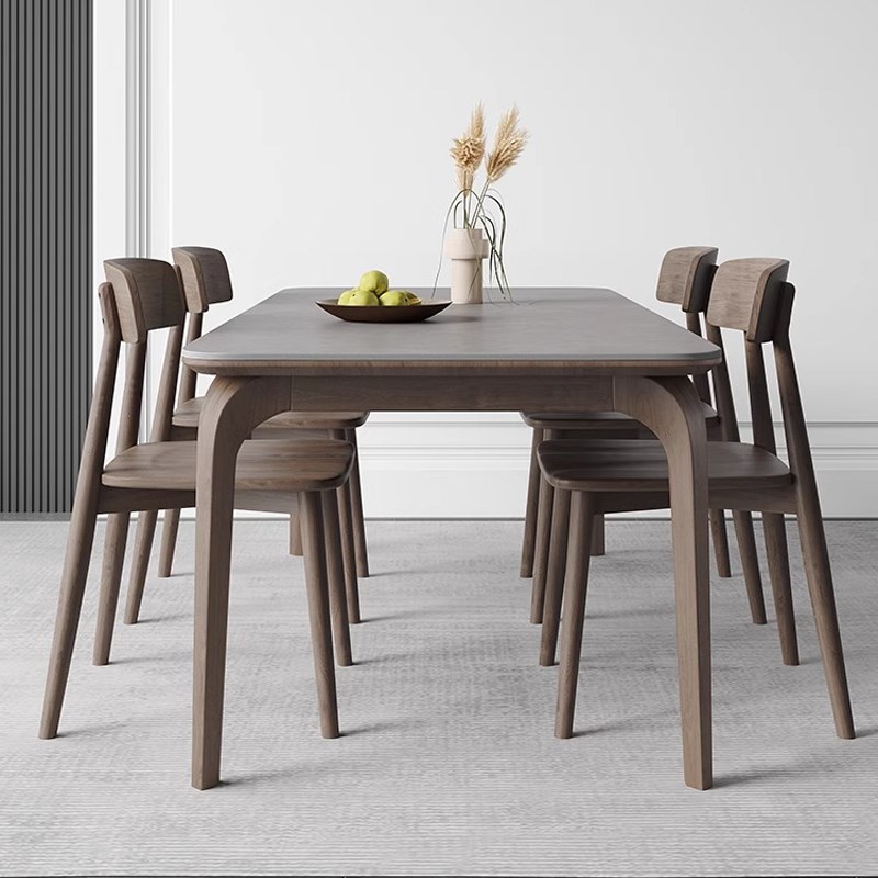 北欧胡桃色实木白色岩板餐桌椅组合家用大小户P型进口饭厅吃饭桌 - 图2