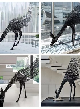 酒店大堂艺术鹿摆件足浴店高档别墅会所装饰品铁艺W镂空鹿动物雕