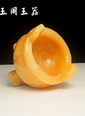 家用黄玉香炉供奉k佛前整体玉石大香炉三脚两耳烧香炉室内佛具摆