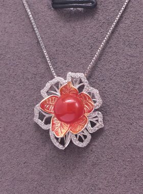 吊坠纯银925项链女士轻奢原创小众设计感花朵天然南红项坠礼物饰