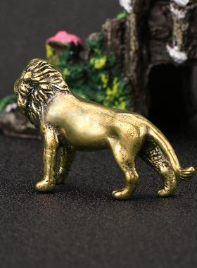 霸气狮子黄铜摆件办公室书房桌面茶宠摆设做旧仿古铜器工艺品收藏