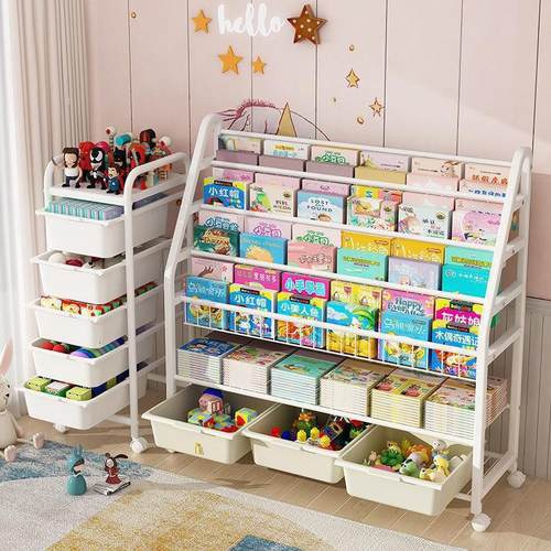 儿童书架可移动置物架绘本玩具收纳架宝宝落地多层家用整理收纳柜 - 图2