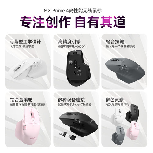 飞利浦MX Prime4无线蓝牙鼠标轻音办公滑鼠双模电脑笔记本轻量化 - 图0