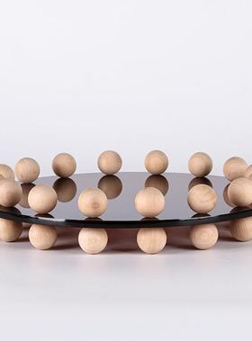 简约创意亚克力圆形托盘果盘客厅茶几桌面实木珠点收纳盘饰品摆件