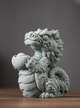 国潮风青砂石生肖龙瑞兽神龙摆件茶宠可养创意鱼缸造景盆栽装饰品