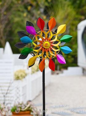 跨境新款户外花园太阳能风车装饰庭院别墅布置旋转铁艺风车地插