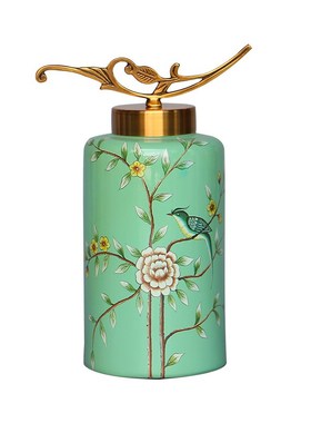 新中式金属盖花鸟装饰储物罐 欧式新H古典玄关柜创意软装陶瓷摆件