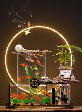 创意负压免换水养鱼m玻璃鱼缸水循环招财摆件新中式客厅桌面装饰