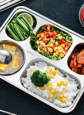 加厚304不锈钢餐盘 学校幼儿园食堂餐盘大人饭盘加深分格带盖餐盘