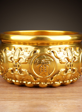 黄铜聚宝盆摆件五福香炉龙凤铜缸中式家居摆设P客厅桌面装饰工艺