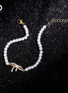 蝴蝶结珍珠手f链轻奢小众精致2023年新款手串串珠闺蜜手饰女高级