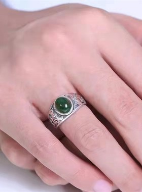 仿和田玉碧玉男士戒指复古风绿宝石开口气质白金色U扳指民族风指