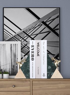 铜鹿头三角大理石书靠轻奢北欧创意书挡书夹办公室样板房书立摆件