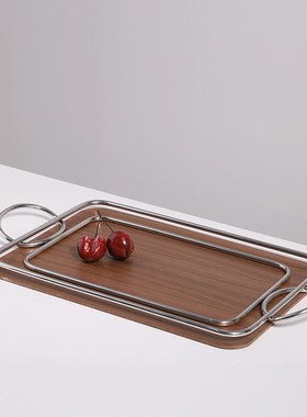 现代简约木质金属几何棕色托盘轻奢样板间售楼处酒店玄关装饰摆件