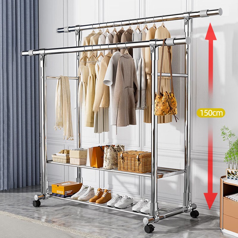 不锈钢晾衣架落地立式多功能可推动置物架阳台单Z双杆挂衣架 - 图3