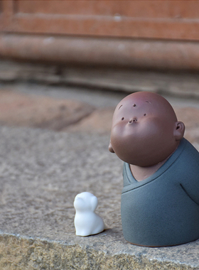 创意禅意紫砂陶瓷家居装饰品可爱小和H尚沙弥茶宠摆设书架丑萌摆