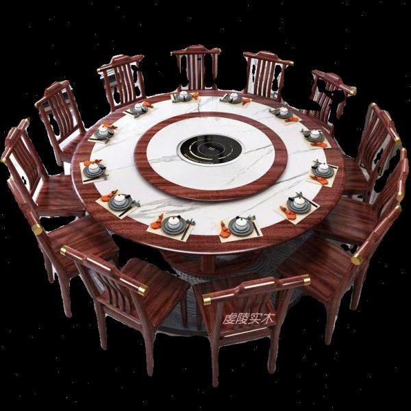 新中式乌金色实木岩板餐桌椅组合大理石圆桌酒店家用火锅桌带转盘,淘宝优惠券,粉丝福利购,淘宝优惠卷