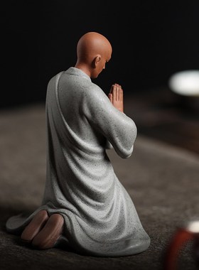 禅意紫砂小和尚摆件家q用坐莲观音菩萨工艺品禅意茶空间装饰品摆