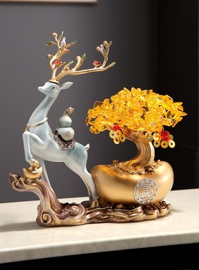 水晶发财摇钱树招财鹿q摆件客厅酒柜办公室装饰品店铺乔迁开业礼