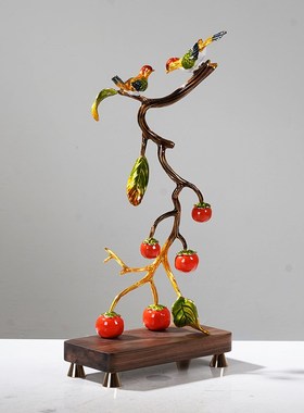 新中式如意柿子喜鹊摆件客厅玄关电视柜H酒柜乔迁珐琅彩装饰品送