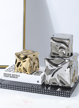 现代法式轻奢方体褶皱冰块金银色陶瓷H摆件家居样板房会所酒店饰