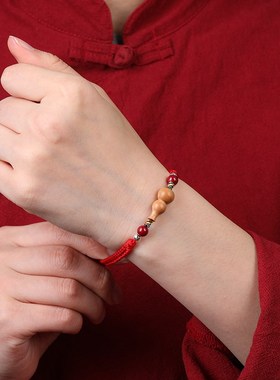 天然老桃木葫芦红绳手链本命年A平安编织手绳脚链男女朱砂转运珠