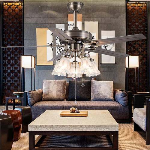 美式乡村吊扇灯家用客厅卧室工业风吊扇铁叶木叶欧式复古风扇灯 - 图1