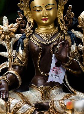 绿度母铜像 尼泊尔手工现代铜像10寸紫铜镀金镀银雕花双层莲座