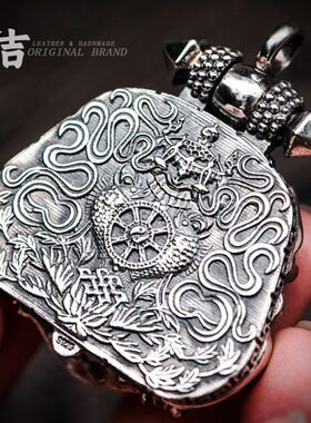 仓吉手工银饰S925银吊坠大翅金鹏鸟嘎乌盒男士项链挂坠