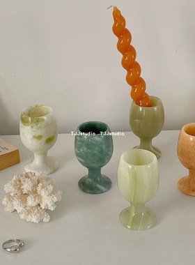 TJJ丨中古玉石l杯子摆件复古青白大理石高脚杯拍摄道具桌面陈列