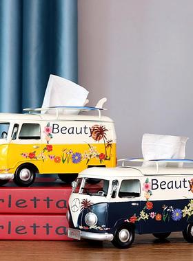 美式工业风铁艺巴士模型甲壳虫汽车模型纸巾盒抽纸盒铁艺车模摆件