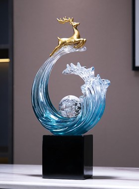 风生水起浪花鹿透明工艺礼品摆饰办公室高档摆L件公司开业乔迁桌